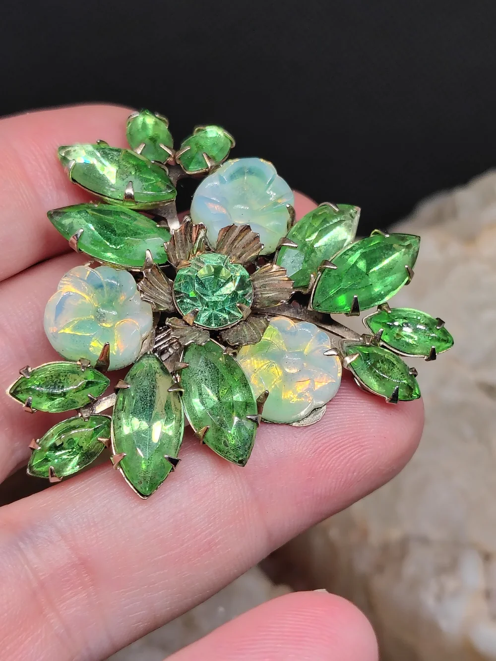 Vintage Floral Green and Opalescent Gold Tone Brooch